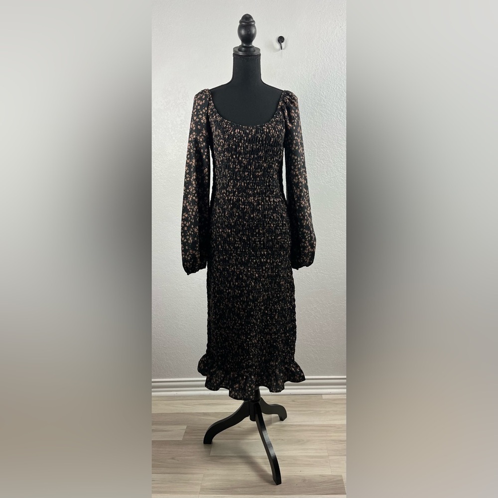 J. NNA Women’s Elegant Floral Long Balloon Sleeve Midi Dress Ruffled Hem Sz M
